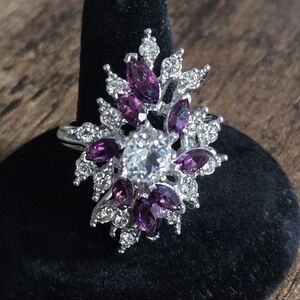 VTG Uncas Faux Diamond Amethyst Silver Tone Band 18k HGE Stamped Statement Ring